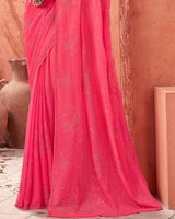 Vishal Prints Red Pink Designer Chiffon Saree With Embroidery Diamond Work And Core Piping