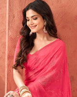 Vishal Prints Red Pink Designer Chiffon Saree With Embroidery Diamond Work And Core Piping
