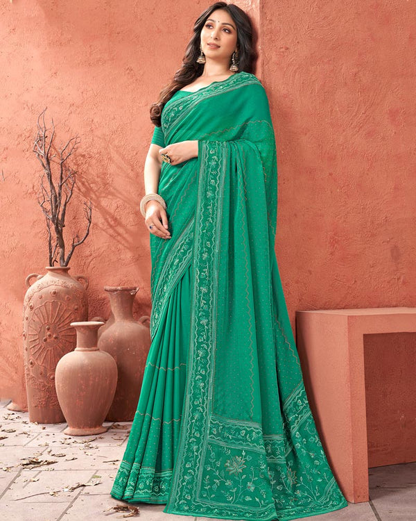Vishal Prints Deep Sea Green Designer Chiffon Saree With Embroidery Diamond Work And Core Piping