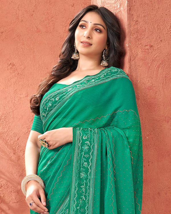 Vishal Prints Deep Sea Green Designer Chiffon Saree With Embroidery Diamond Work And Core Piping