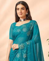 Vishal Prints Dark Teal Blue Designer Chiffon Saree With Embroidery Diamond Work And Core Piping