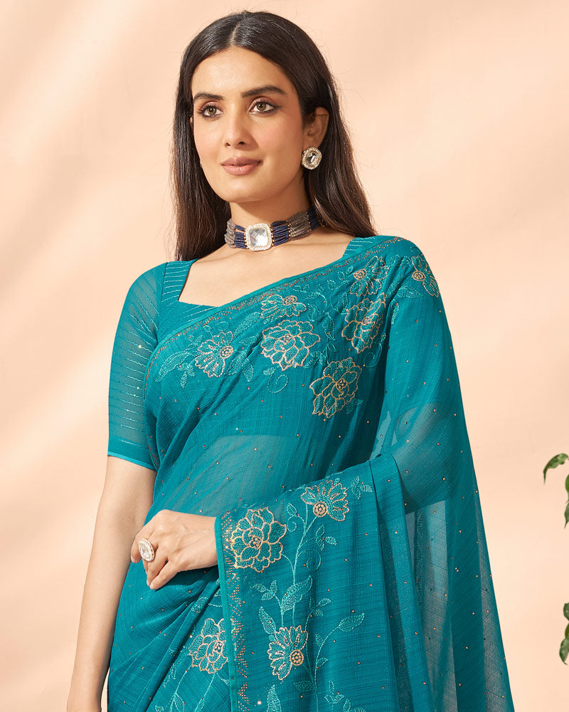 Vishal Prints Dark Teal Blue Designer Chiffon Saree With Embroidery Diamond Work And Core Piping