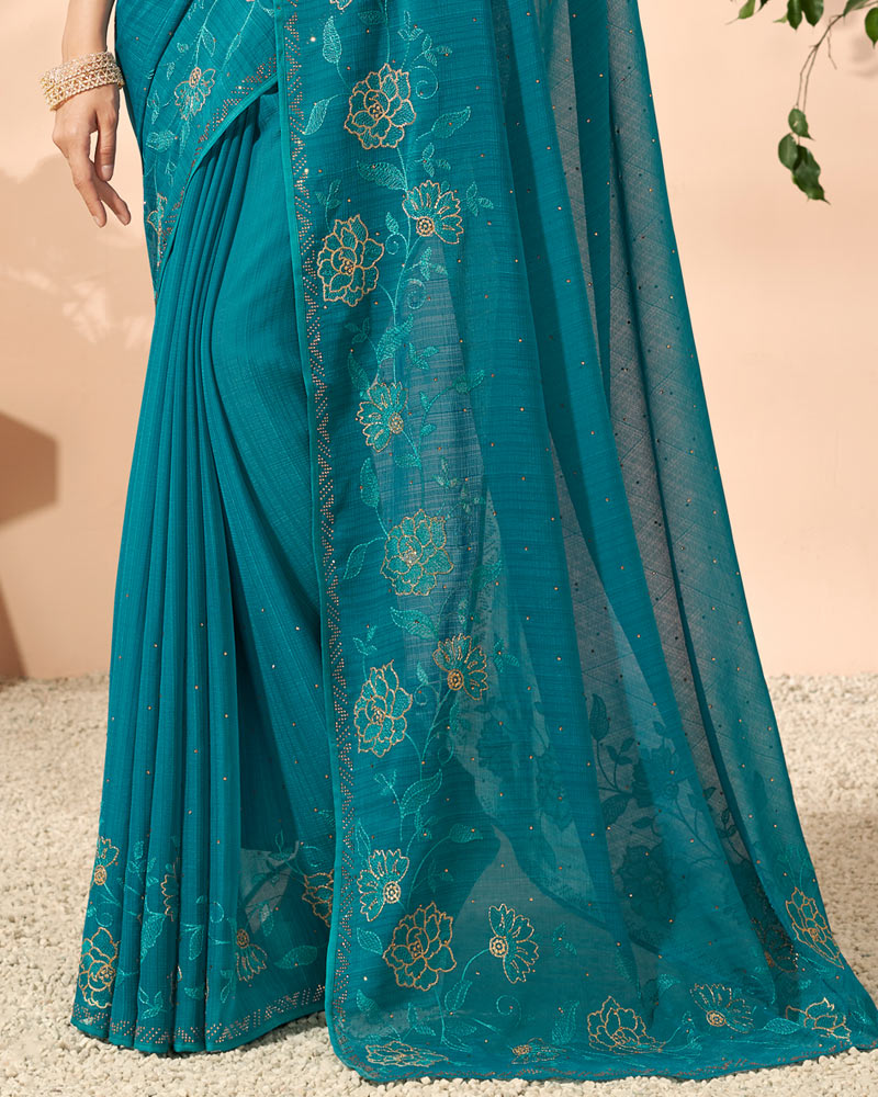Vishal Prints Dark Teal Blue Designer Chiffon Saree With Embroidery Diamond Work And Core Piping
