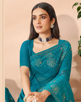 Vishal Prints Dark Teal Blue Designer Chiffon Saree With Embroidery Diamond Work And Core Piping