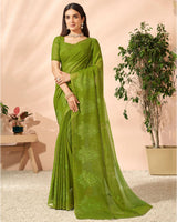 Vishal Prints Mehandi Green Designer Chiffon Saree With Embroidery Diamond Work And Core Piping