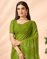 Vishal Prints Mehandi Green Designer Chiffon Saree With Embroidery Diamond Work And Core Piping
