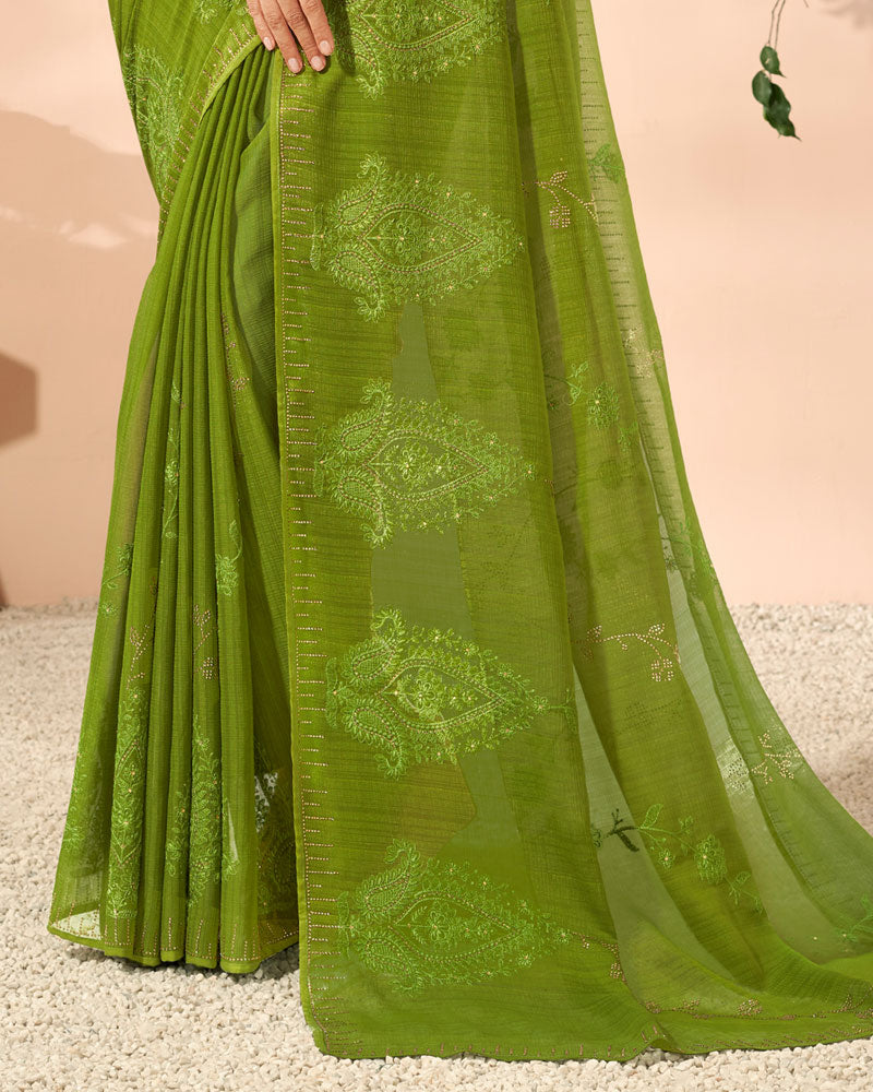 Vishal Prints Mehandi Green Designer Chiffon Saree With Embroidery Diamond Work And Core Piping