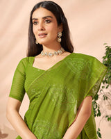 Vishal Prints Mehandi Green Designer Chiffon Saree With Embroidery Diamond Work And Core Piping