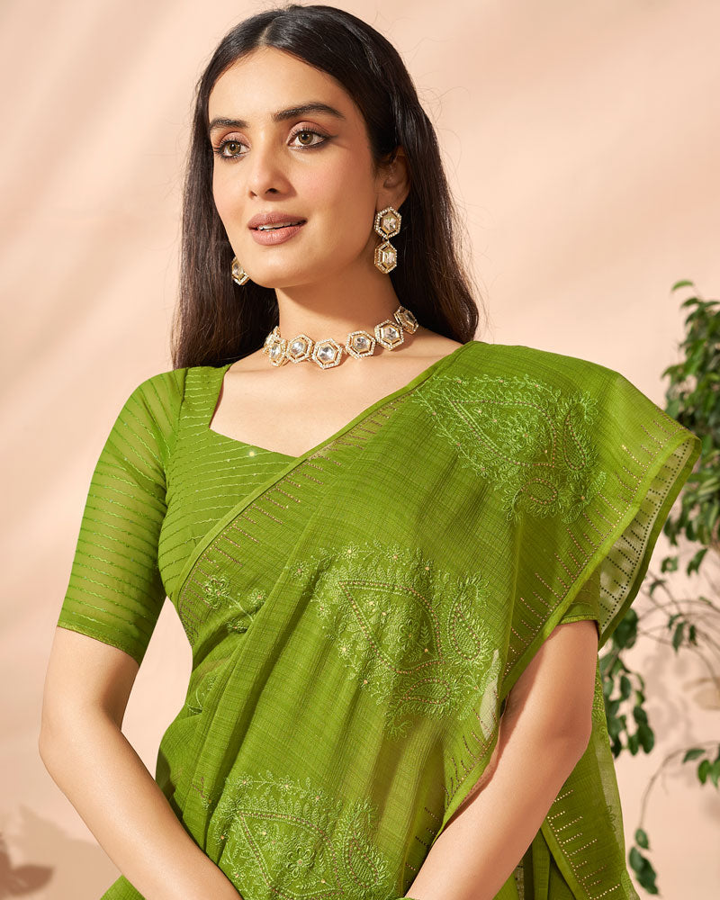 Vishal Prints Mehandi Green Designer Chiffon Saree With Embroidery Diamond Work And Core Piping