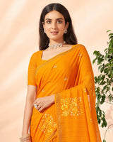 Vishal Prints Orange Designer Chiffon Saree With Embroidery Diamond Work And Core Piping