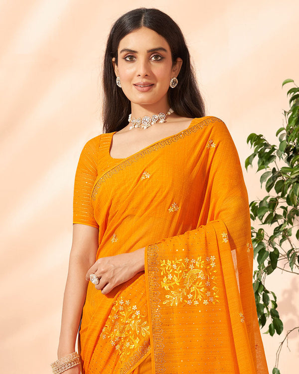 Vishal Prints Orange Designer Chiffon Saree With Embroidery Diamond Work And Core Piping