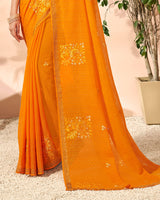 Vishal Prints Orange Designer Chiffon Saree With Embroidery Diamond Work And Core Piping