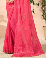 Vishal Prints Carnation Pink Designer Chiffon Saree With Embroidery Diamond Work And Core Piping