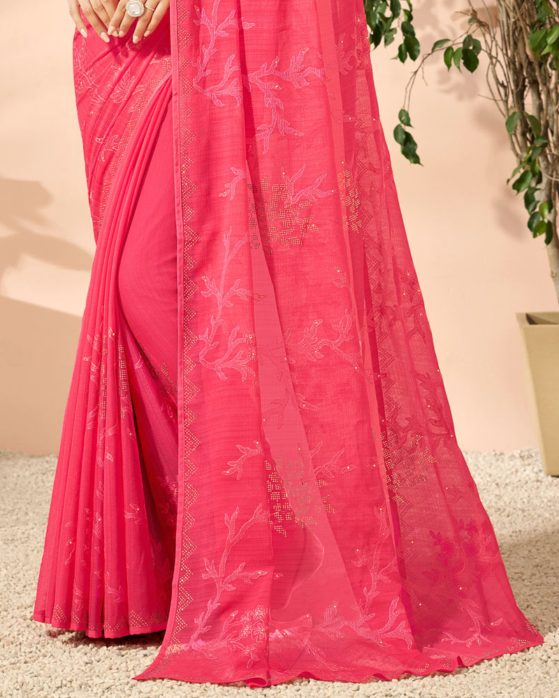 Vishal Prints Carnation Pink Designer Chiffon Saree With Embroidery Diamond Work And Core Piping