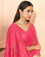 Vishal Prints Carnation Pink Designer Chiffon Saree With Embroidery Diamond Work And Core Piping