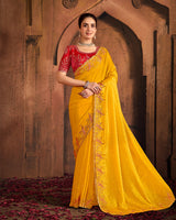 Vishal Prints Dark Yellow And Chili Red Designer Fancy Satin Traditional Saree With Embroidery-Diamond Work And Cut Work Border