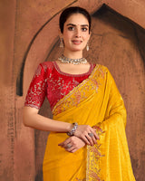 Vishal Prints Dark Yellow And Chili Red Designer Fancy Satin Traditional Saree With Embroidery-Diamond Work And Cut Work Border