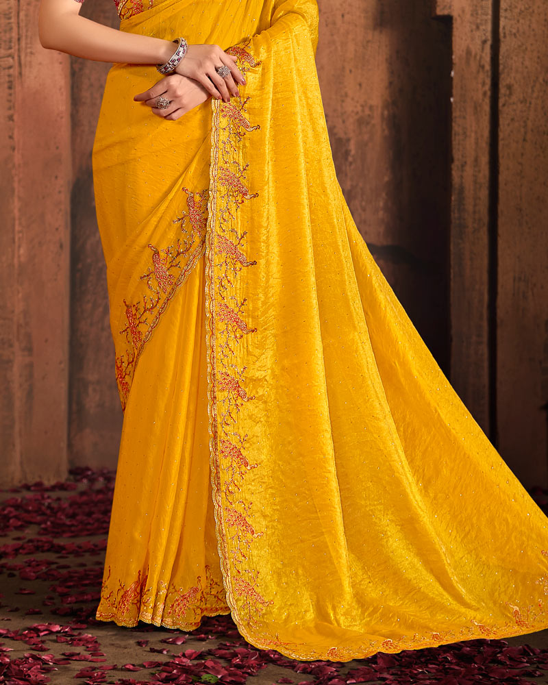 Vishal Prints Dark Yellow And Chili Red Designer Fancy Satin Traditional Saree With Embroidery-Diamond Work And Cut Work Border