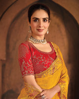 Vishal Prints Dark Yellow And Chili Red Designer Fancy Satin Traditional Saree With Embroidery-Diamond Work And Cut Work Border