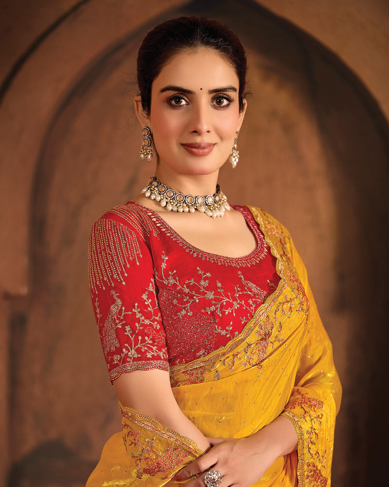 Vishal Prints Dark Yellow And Chili Red Designer Fancy Satin Traditional Saree With Embroidery-Diamond Work And Cut Work Border