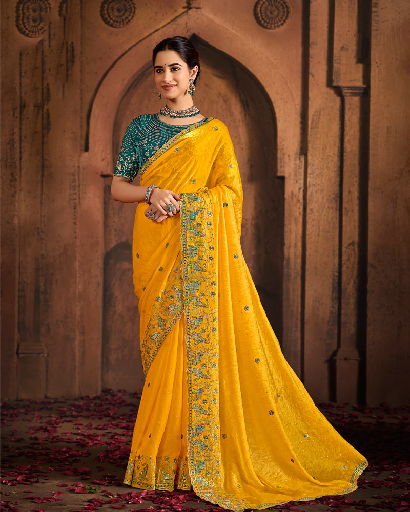 Vishal Prints Dark Yellow And Peacock Green Designer Fancy Satin Traditional Saree With Embroidery-Diamond Work And Cut Work Border