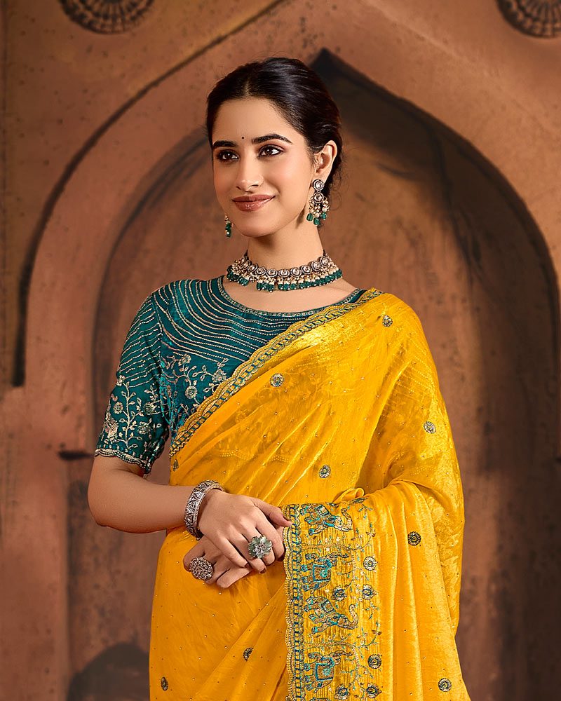 Vishal Prints Dark Yellow And Peacock Green Designer Fancy Satin Traditional Saree With Embroidery-Diamond Work And Cut Work Border