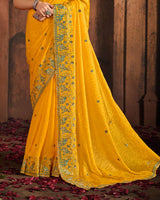 Vishal Prints Dark Yellow And Peacock Green Designer Fancy Satin Traditional Saree With Embroidery-Diamond Work And Cut Work Border