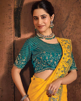 Vishal Prints Dark Yellow And Peacock Green Designer Fancy Satin Traditional Saree With Embroidery-Diamond Work And Cut Work Border