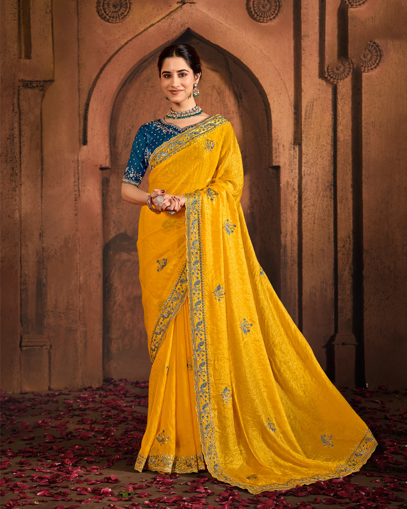 Vishal Prints Dark Yellow And Navy Blue Designer Fancy Satin Traditional Saree With Embroidery-Diamond Work And Cut Work Border
