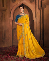 Vishal Prints Dark Yellow And Navy Blue Designer Fancy Satin Traditional Saree With Embroidery-Diamond Work And Cut Work Border