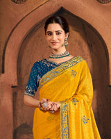 Vishal Prints Dark Yellow And Navy Blue Designer Fancy Satin Traditional Saree With Embroidery-Diamond Work And Cut Work Border