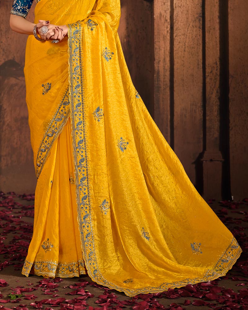 Vishal Prints Dark Yellow And Navy Blue Designer Fancy Satin Traditional Saree With Embroidery-Diamond Work And Cut Work Border