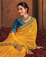Vishal Prints Dark Yellow And Navy Blue Designer Fancy Satin Traditional Saree With Embroidery-Diamond Work And Cut Work Border