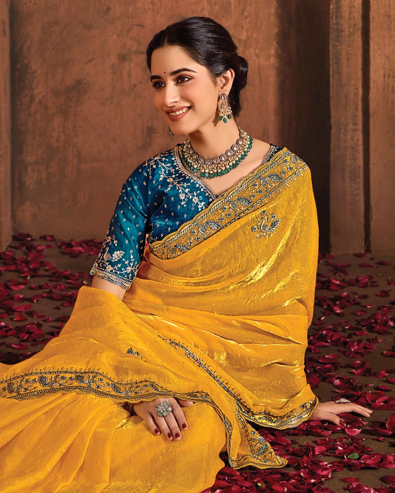 Vishal Prints Dark Yellow And Navy Blue Designer Fancy Satin Traditional Saree With Embroidery-Diamond Work And Cut Work Border