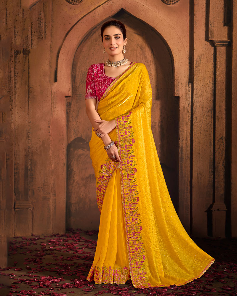 Vishal Prints Dark Yellow And Carmine Pink Designer Fancy Satin Traditional Saree With Embroidery-Diamond Work And Cut Work Border