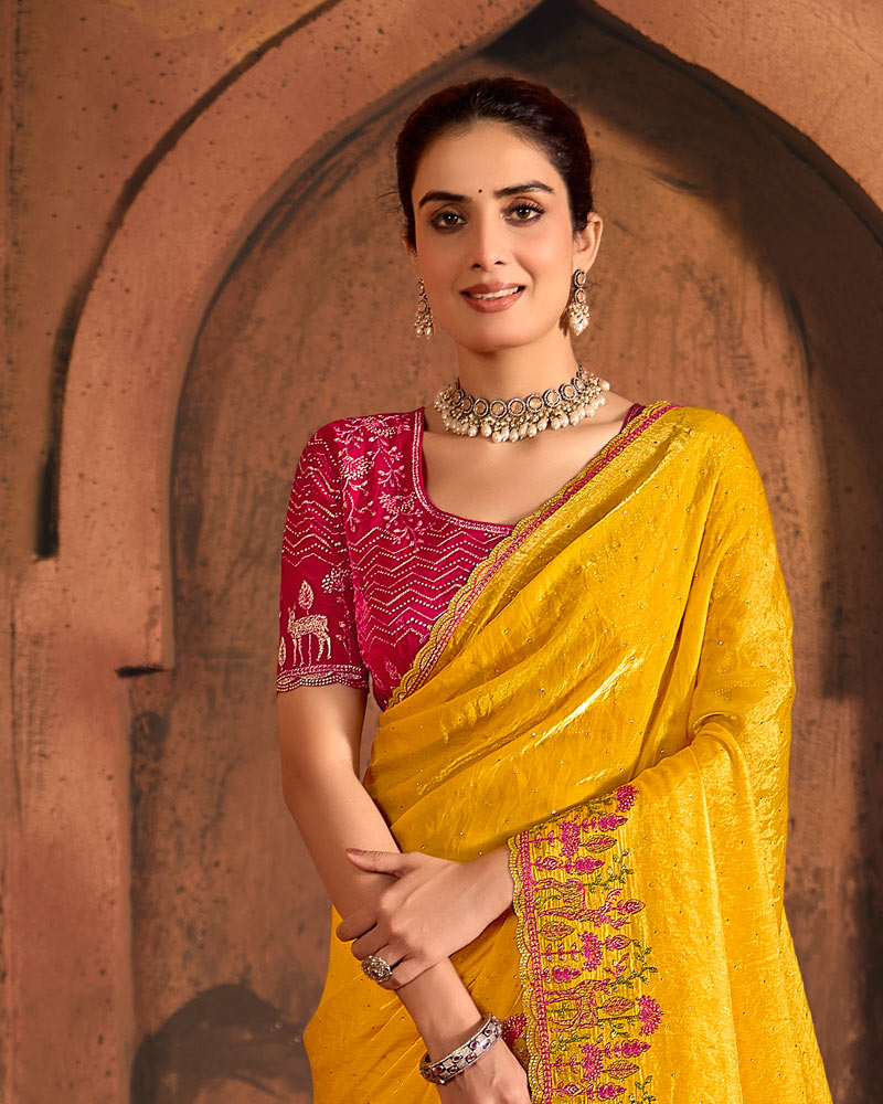 Vishal Prints Dark Yellow And Carmine Pink Designer Fancy Satin Traditional Saree With Embroidery-Diamond Work And Cut Work Border