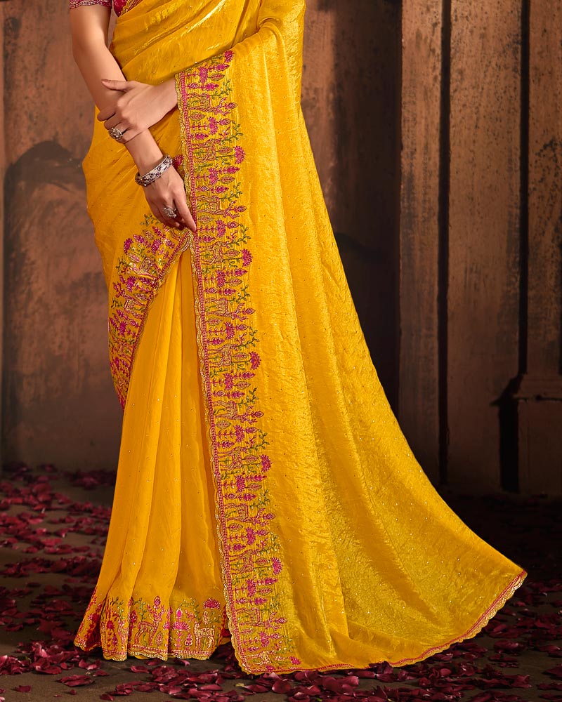 Vishal Prints Dark Yellow And Carmine Pink Designer Fancy Satin Traditional Saree With Embroidery-Diamond Work And Cut Work Border