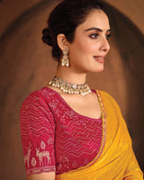 Vishal Prints Dark Yellow And Carmine Pink Designer Fancy Satin Traditional Saree With Embroidery-Diamond Work And Cut Work Border