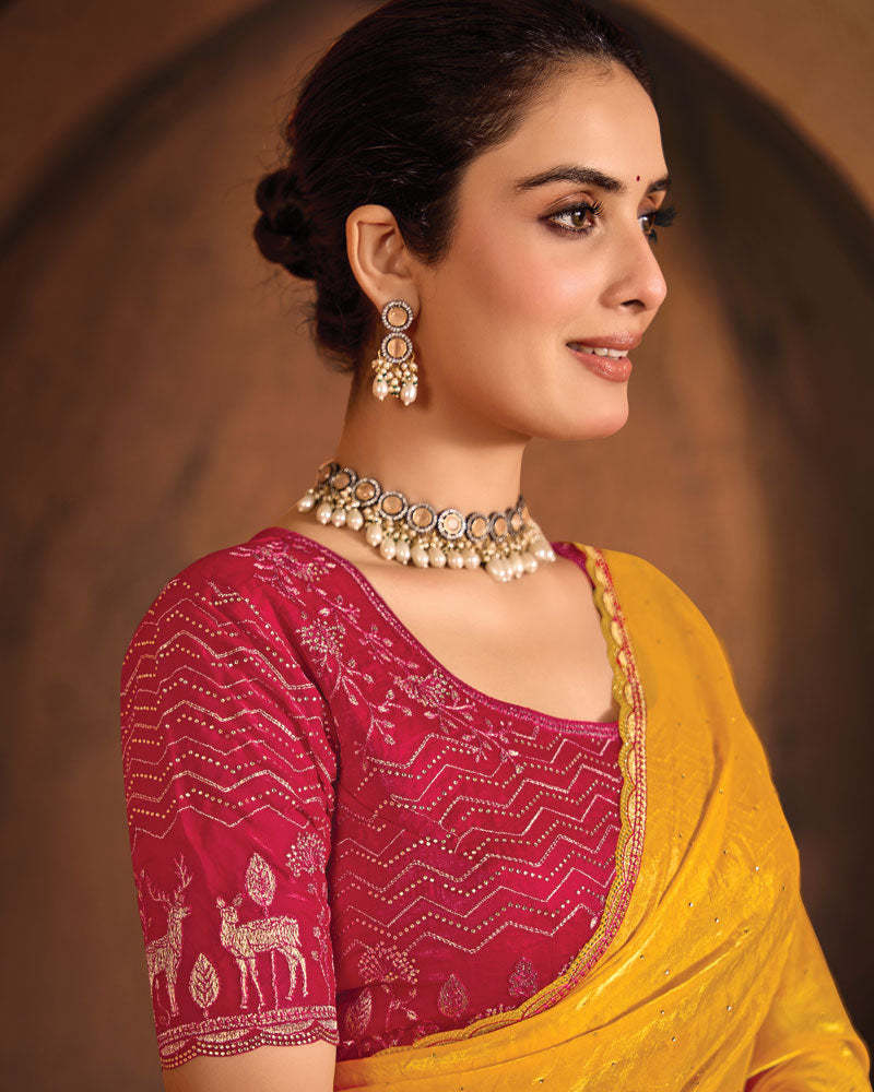Vishal Prints Dark Yellow And Carmine Pink Designer Fancy Satin Traditional Saree With Embroidery-Diamond Work And Cut Work Border