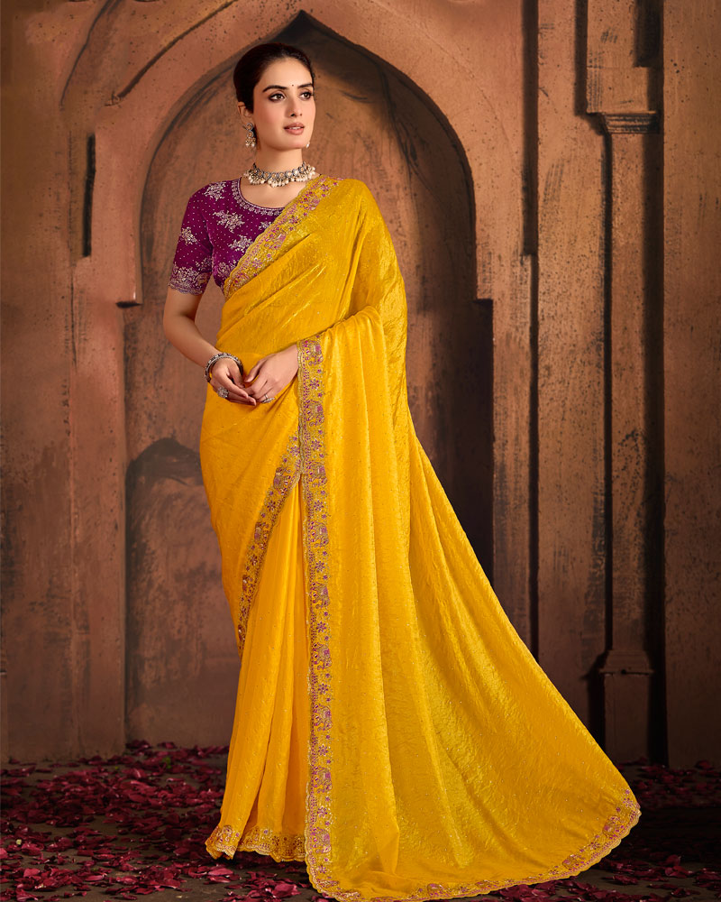Vishal Prints Dark Yellow And Wine Berry Designer Fancy Satin Traditional Saree With Embroidery-Diamond Work And Cut Work Border
