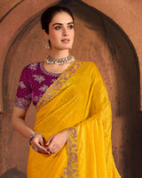 Vishal Prints Dark Yellow And Wine Berry Designer Fancy Satin Traditional Saree With Embroidery-Diamond Work And Cut Work Border