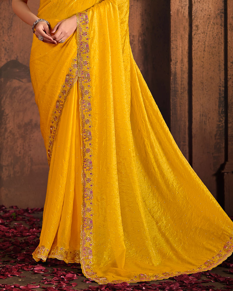 Vishal Prints Dark Yellow And Wine Berry Designer Fancy Satin Traditional Saree With Embroidery-Diamond Work And Cut Work Border