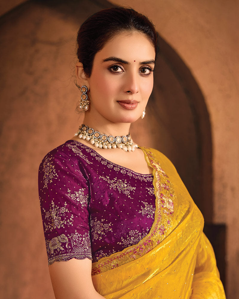 Vishal Prints Dark Yellow And Wine Berry Designer Fancy Satin Traditional Saree With Embroidery-Diamond Work And Cut Work Border