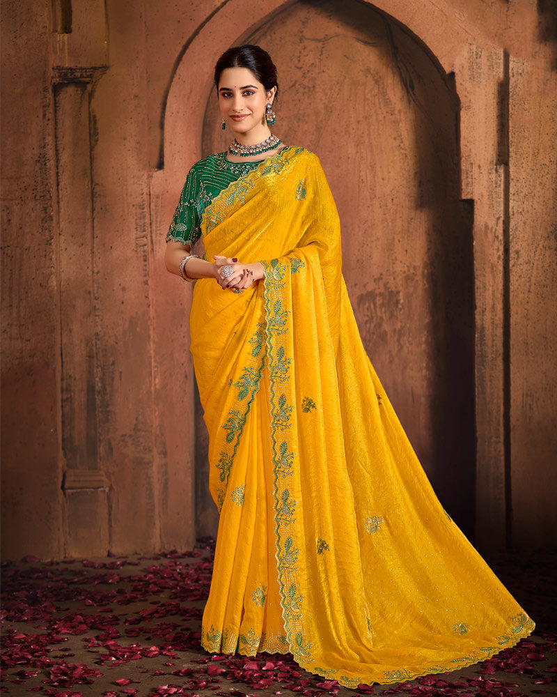 Vishal Prints Dark Yellow And Forest Green Designer Fancy Satin Traditional Saree With Embroidery-Diamond Work And Cut Work Border