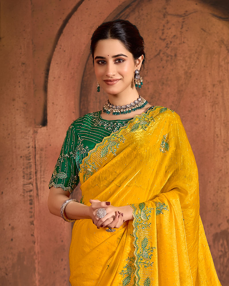 Vishal Prints Dark Yellow And Forest Green Designer Fancy Satin Traditional Saree With Embroidery-Diamond Work And Cut Work Border