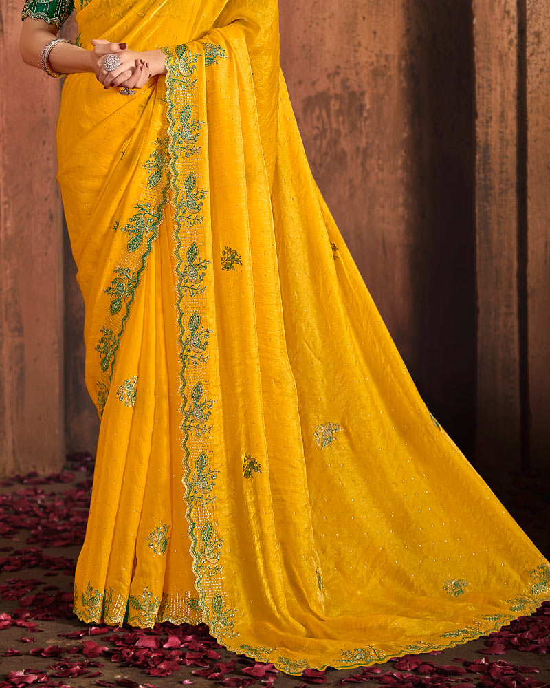 Vishal Prints Dark Yellow And Forest Green Designer Fancy Satin Traditional Saree With Embroidery-Diamond Work And Cut Work Border