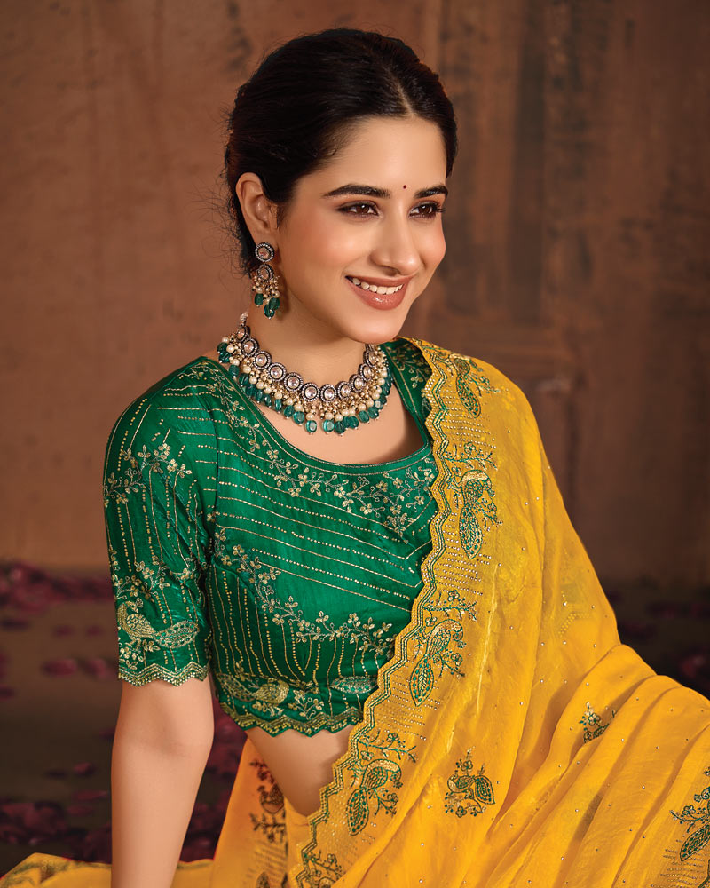 Vishal Prints Dark Yellow And Forest Green Designer Fancy Satin Traditional Saree With Embroidery-Diamond Work And Cut Work Border