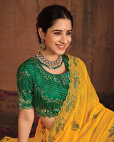 Vishal Prints Dark Yellow And Forest Green Designer Fancy Satin Traditional Saree With Embroidery-Diamond Work And Cut Work Border