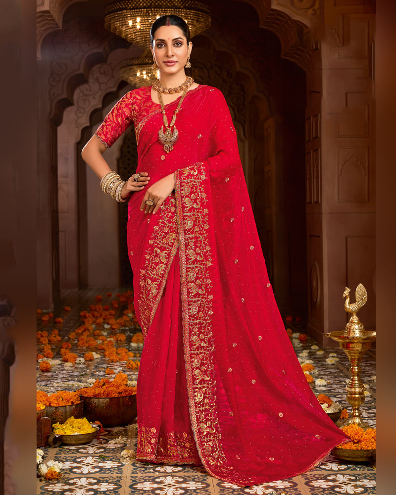 Vishal Prints Rich Carmine Red Designer Fancy Satin Traditional Saree With Zari-Embroidery Work And Cut Work Border