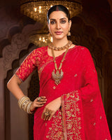 Vishal Prints Rich Carmine Red Designer Fancy Satin Traditional Saree With Zari-Embroidery Work And Cut Work Border